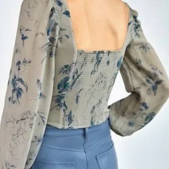 House of Harlow 1960 Long Mesh Sleeve Bustier Blouse Grey Blue Floral Size M - Picture 3 of 11